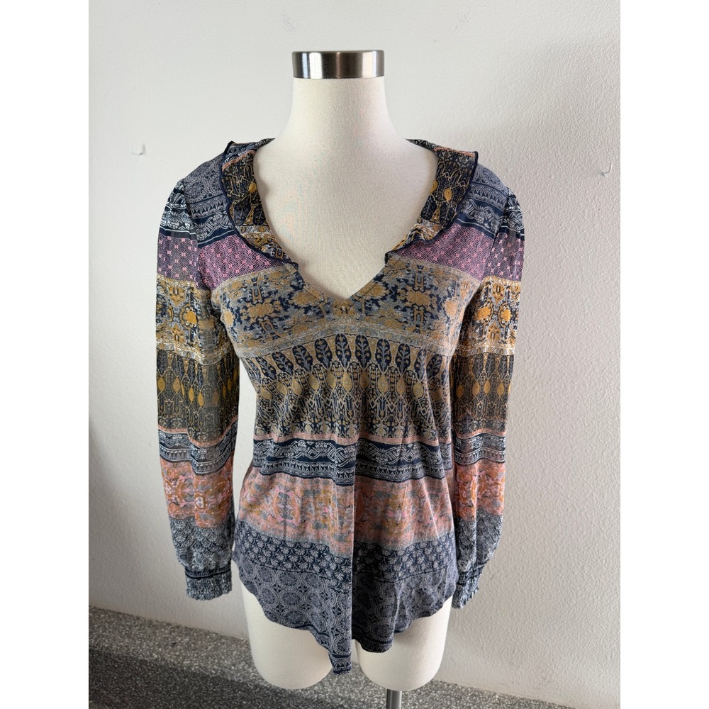 Lucky Brand Womens Small Long Sleeve Top Geometric Print Ruffle V Neck Shirt